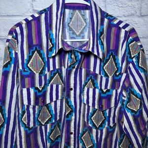 90s Vintage Mens Western Pearl Snap Button Up Purple Size XL Colorful Geometric